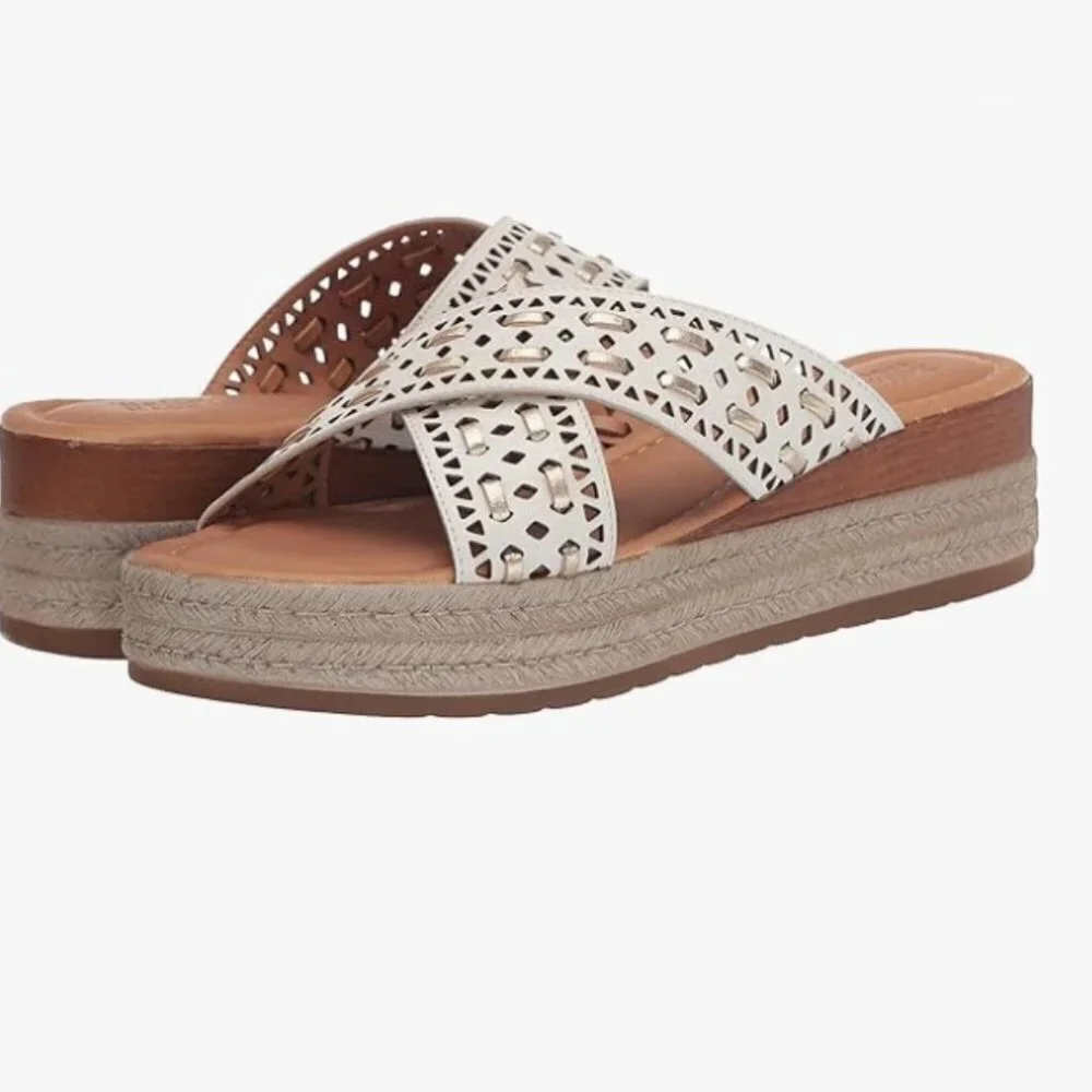 Bella Vita Exa-Italy Wedge Sandal, White/Champagne Leather, 8.5 Wide